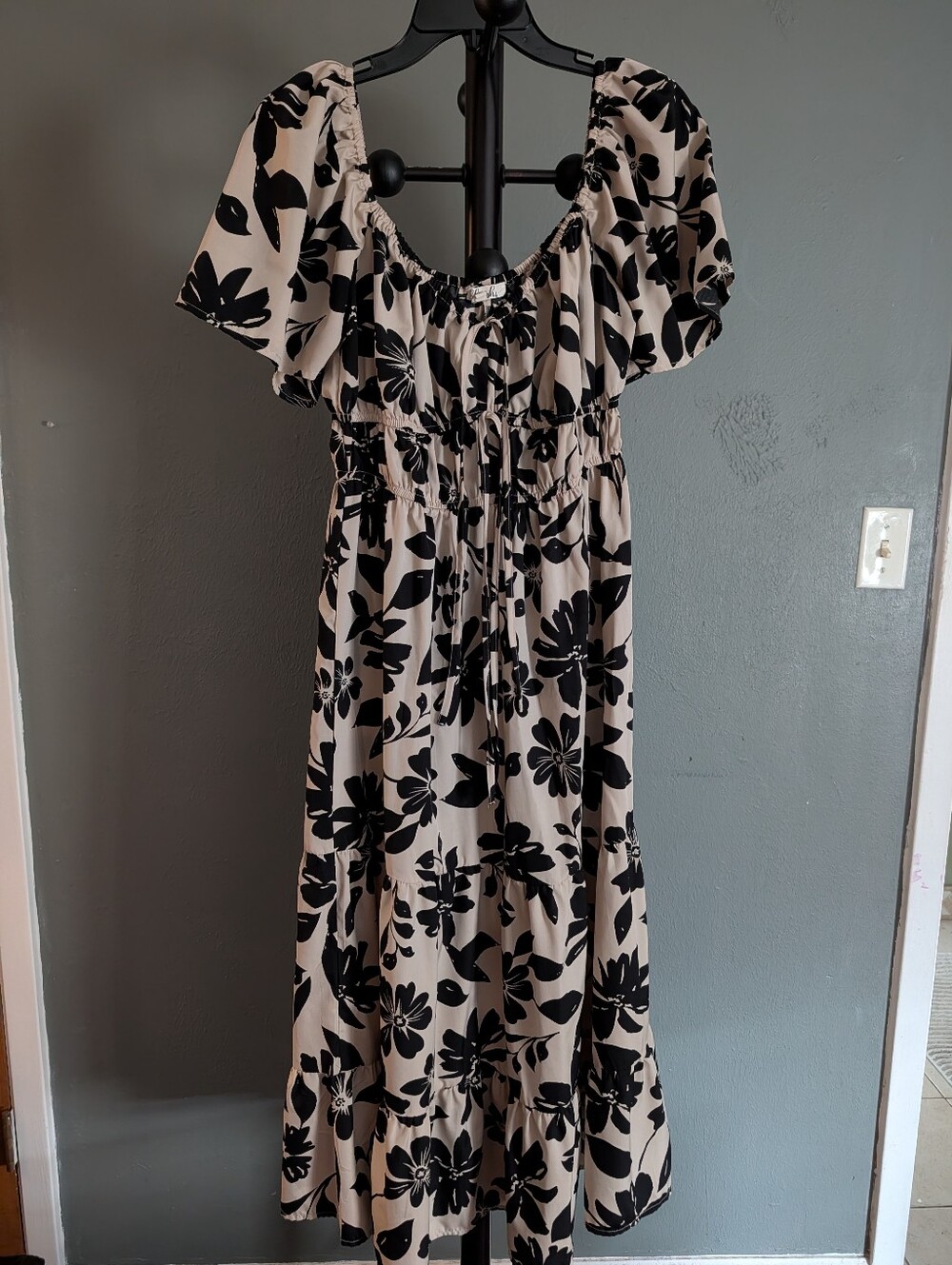Blush Beige Maxi Dress with Black Floral Print